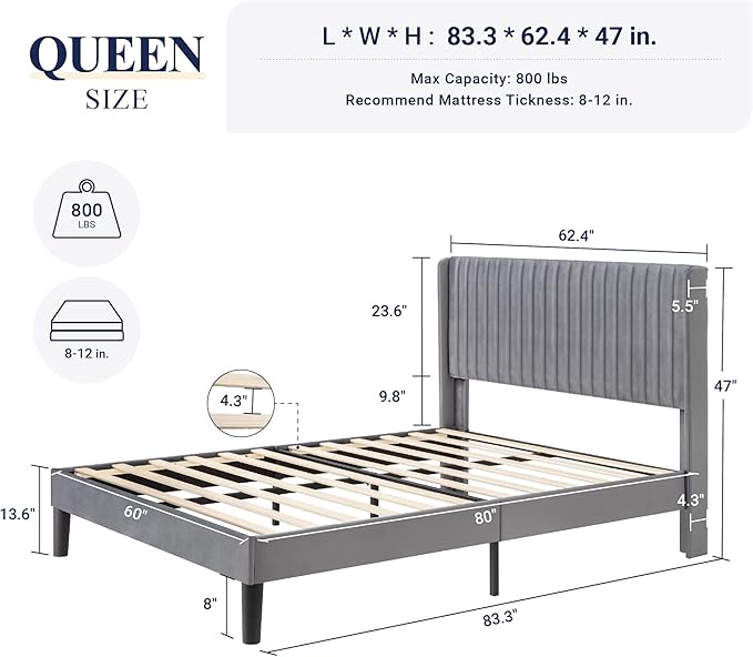 Allewie Queen Size Velvet Bed Frame/Vertical Channel Tufted Wingback - Image 2