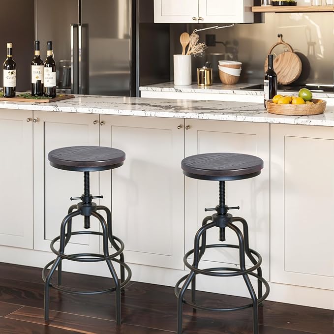 LOKKHAN Vintage Industrial Bar Stool-Rustic Swivel Bar Stool-Round Walnut Wood - Image 2