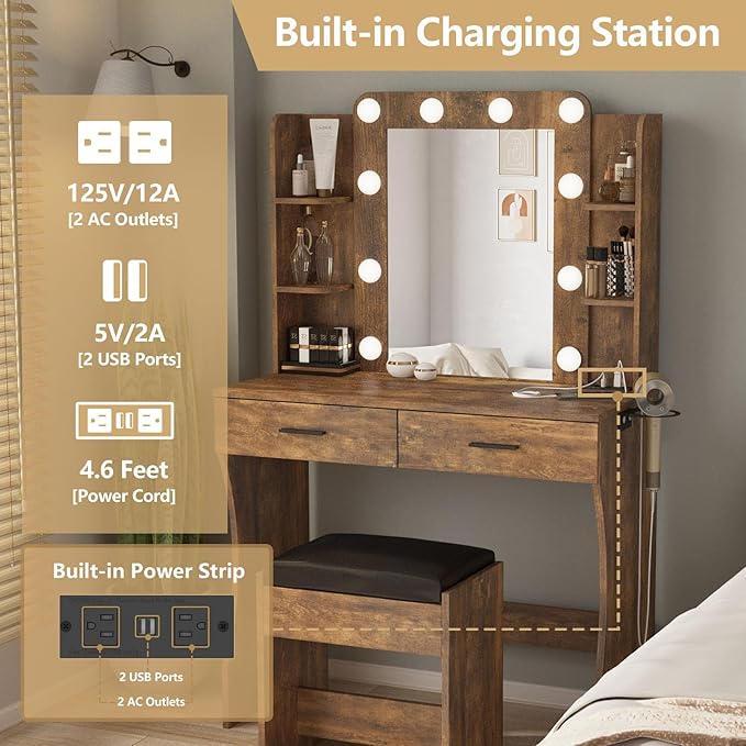 Vabches Vanity Desk with Lights, Makeup Vanity with Power Strip, Dressing Table - Image 4