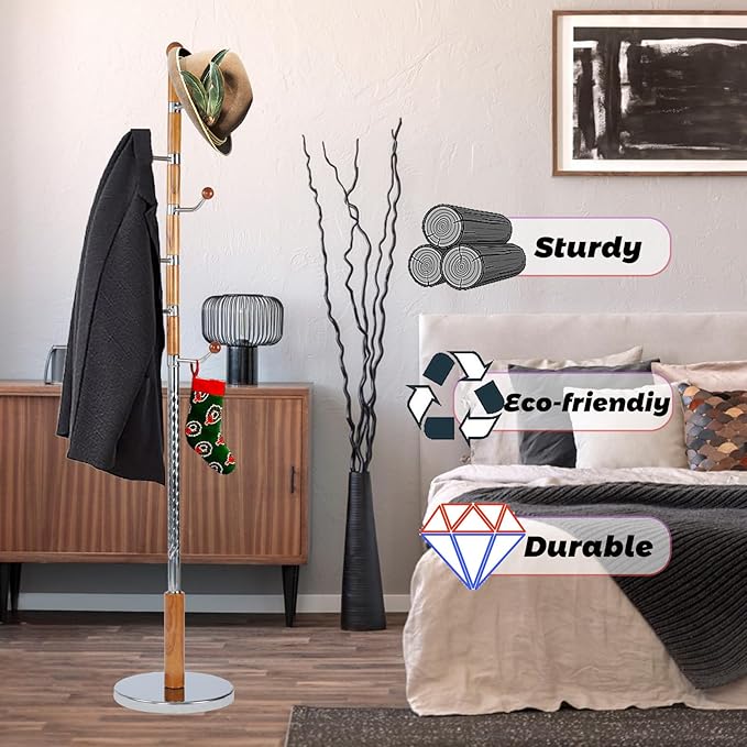 68 in Wood Coat Rack, Coat Rack Freestanding - Image 4