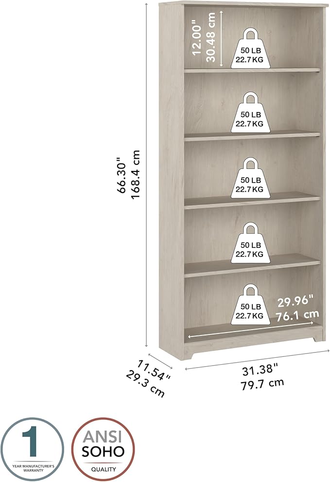 Bush Furniture Cabot Tall 5 Shelf Bookcase | Large Open Bookshelf in Linen - Image 3