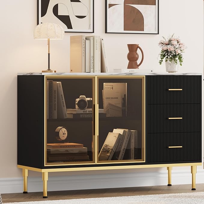 Buffet Sideboard Cabinet with Storage, 46.4" Large Fluted Kitchen Sideboard by Garvee
