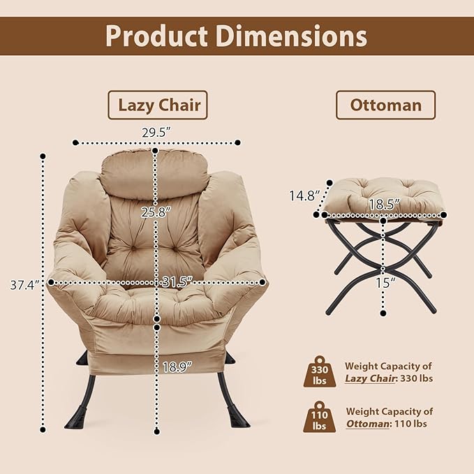 Lazy Chair with Folding Ottoman, Accent Chair Velvet Upholstered with Metal - Image 3