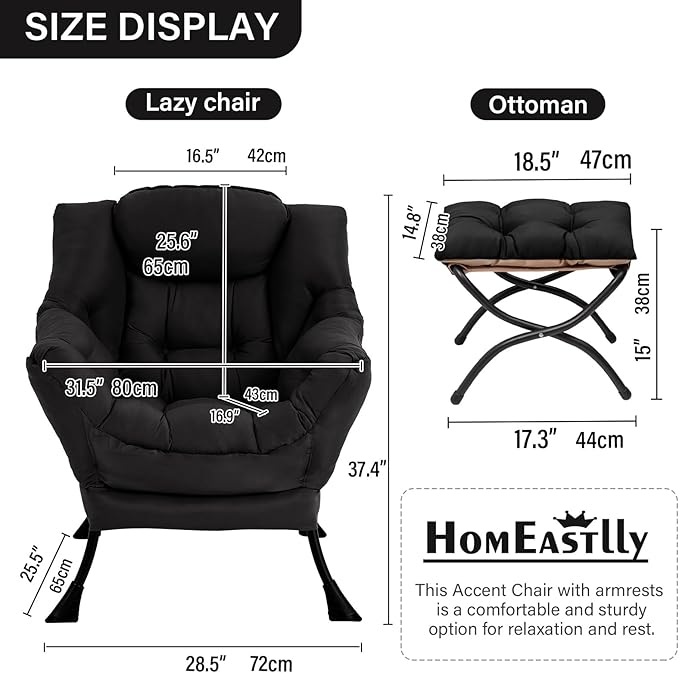 Lazy Chair with Ottoman, Large Modern Lounge Accent Chair with Armrests and - Image 3