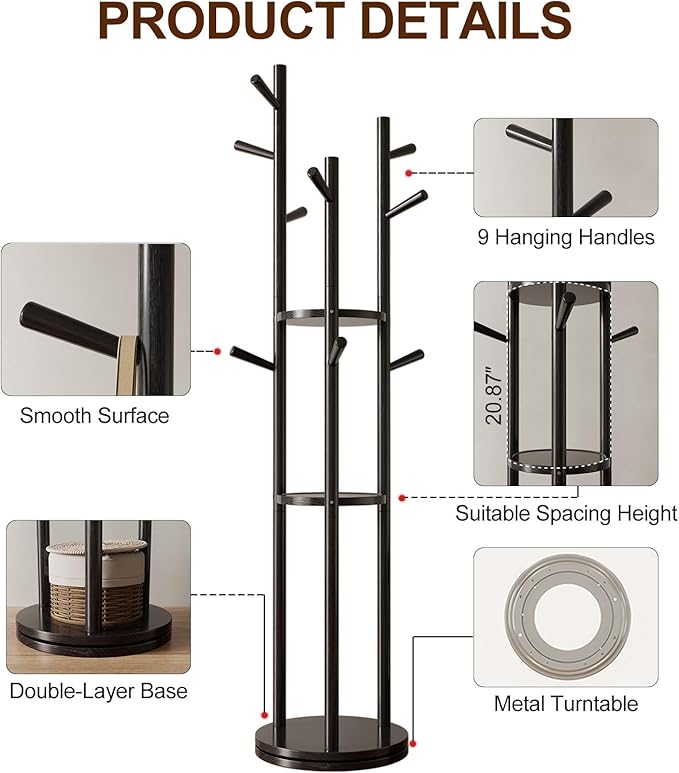 Solid Wood Rotary Coat Rack, Freestanding Coat Rack - Image 5
