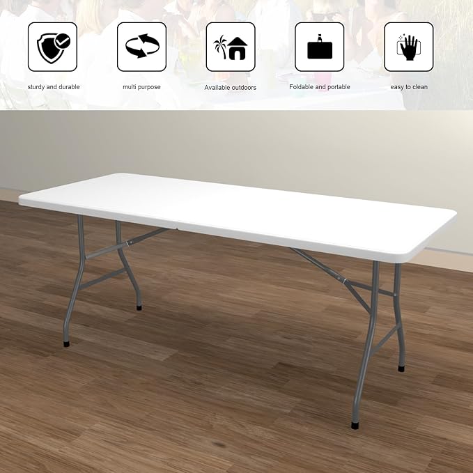 70.8" W X 29" D X 29" H - 6 ft Folding Table White Portable Heavy Duty Plastic - Image 5