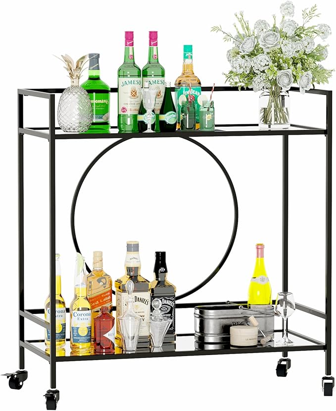 RiteSune Black Bar Cart with Wheels, Vintage Serving Cart Wine Cart with 2 - Image 3