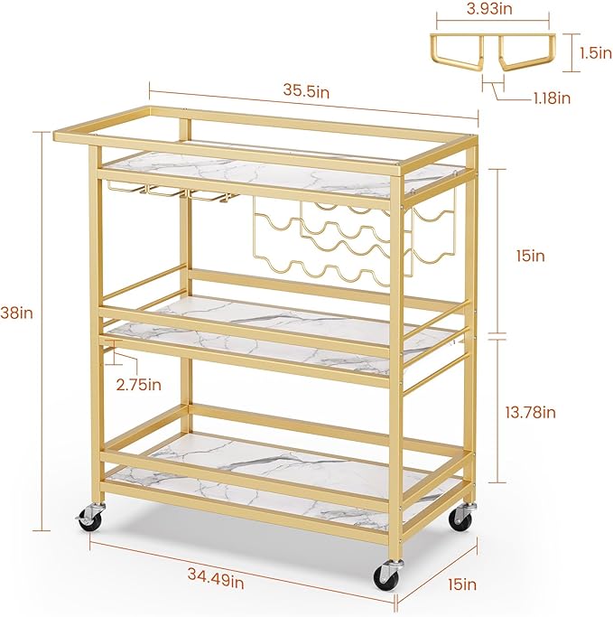 Leteuke Bar Cart for Home, 3 Tier Gold Serving Rolling Carts - Image 3