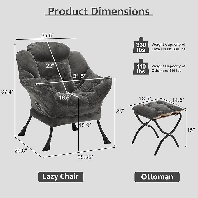 Fabric Lazy Chair with Ottoman, Oversized Upholstered Sofa Chair - Image 3