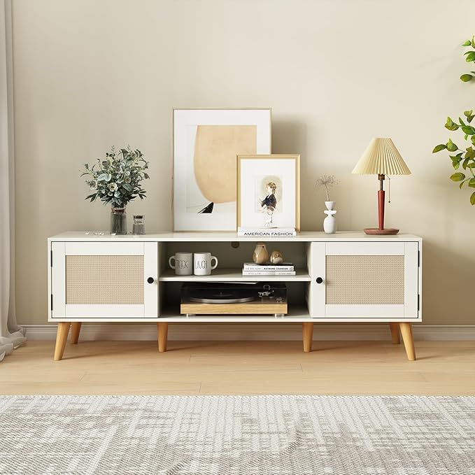 TV Stand for TVs up to 65 inches, Rattan Grain Finish Panel - Image 4