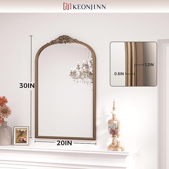 Keonjinn Vintage Gold Mirror 20" x 30", Arched Decorative Mirrors - Image 3