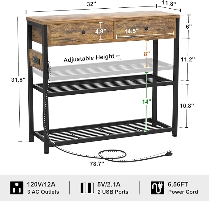 Ecoprsio Entryway Table with Outlets and USB Ports, Console Table with 2 Drawers - Image 3