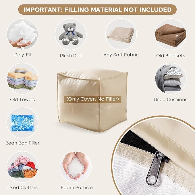 17.7" Square Unstuffed Pouf Ottoman Cover, Pu Leather Poufs Cube Foot Stool - Image 7