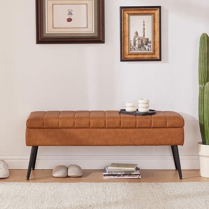 CUYOCA Storage Ottoman Bench, 43.5" Faux Leather Upholstered Entryway Bench - Image 7