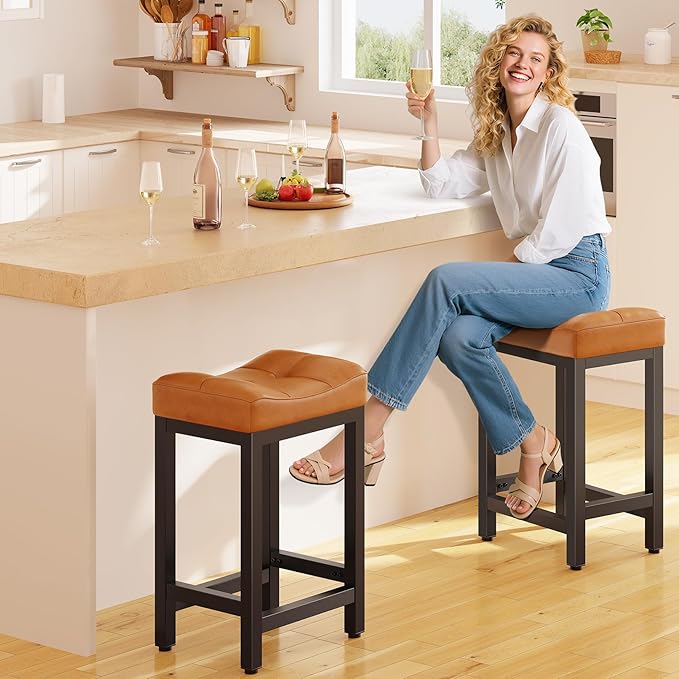 Dripex Backless Saddle Bar Stools Set of 3, Modern Faux Leather 24'' Counter - Image 2