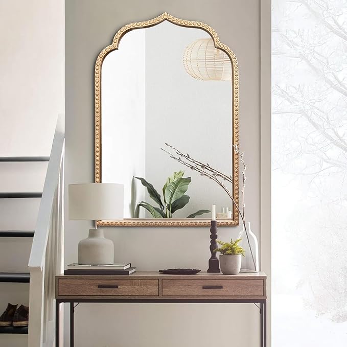 Gold Arch Mirror, Metal Beaded Frame Ornate Decorative Mirror, Scalloped - Image 6