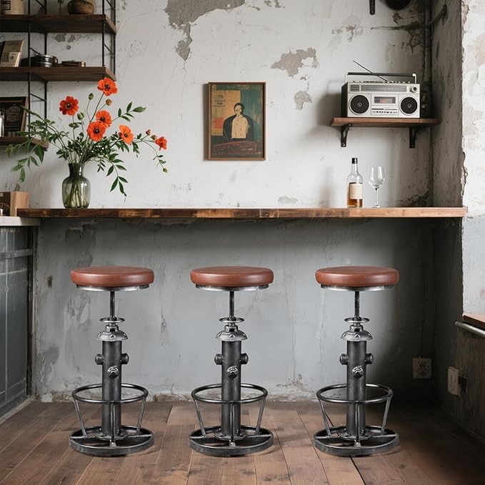 Topower Antique Industrial Round Bottom Adjustable Height Cafe Coffee Retro - Image 2