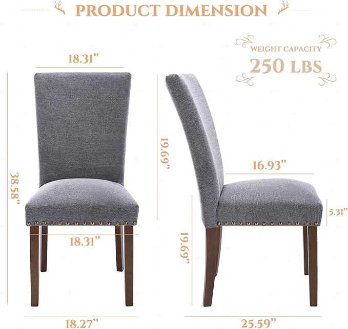 Parsons Dining Chairs Set of 4, Upholstered Nailhead Dining Room Kitchen Side - Image 3