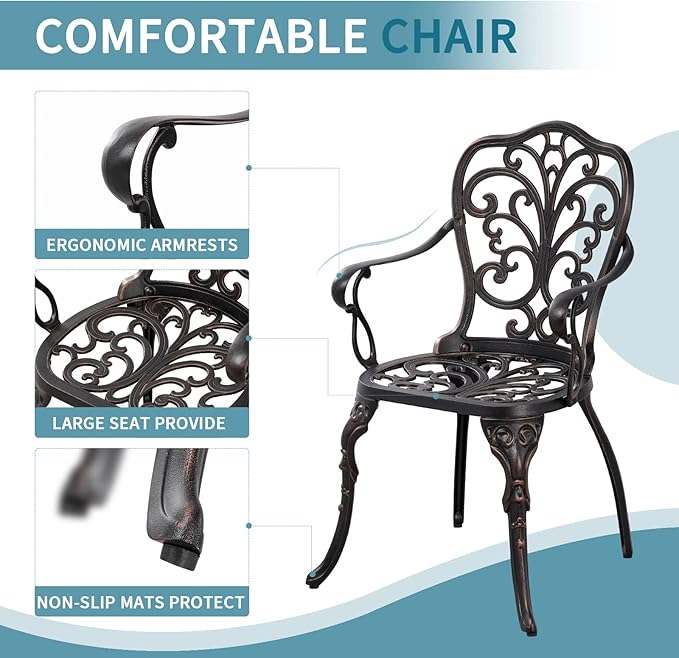 Outdoor Bistro Table and Chairs Set of 2 Cast Aluminum Patio Bistro Set - Image 3