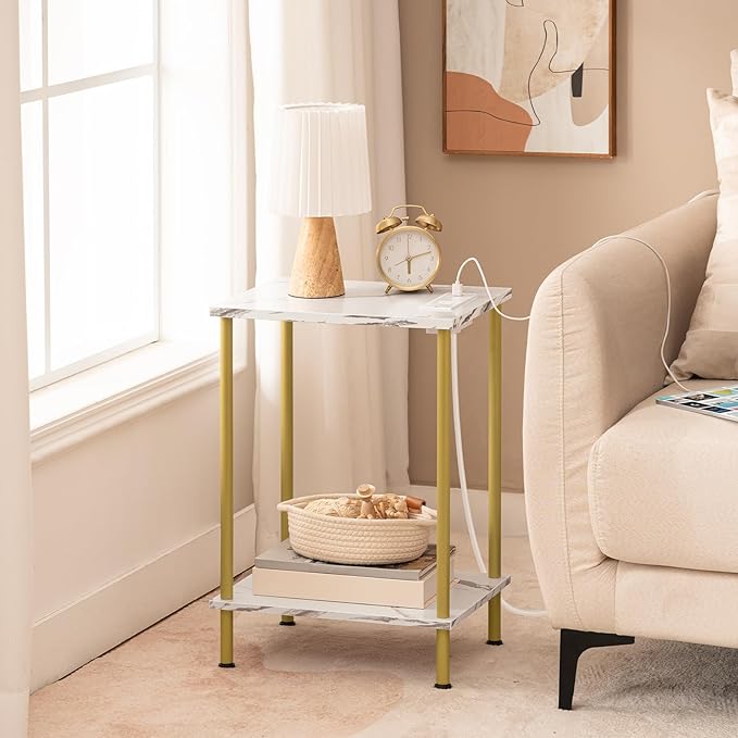 HOOBRO Side Table with Charging Station, Nightstand with 2-Layer Storage Shelves - Image 2
