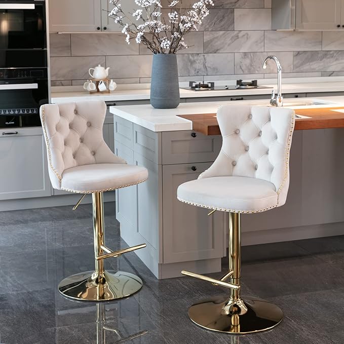 PacknWood Acosure Golden Swivel Velvet Barstools Adjusatble Seat Height from - Image 3