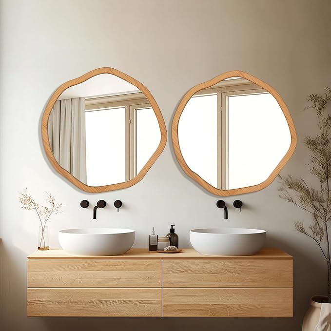 ULIKE Round Wood Mirror 24 Inch Circle Wall Mirror, Asymmetrical Bathroom - Image 4