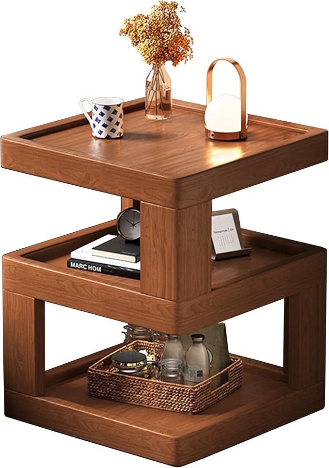 Nightstand Bedside Table with 3-Tier Storage, Modern Solid Rubberwood End Side by Unknown