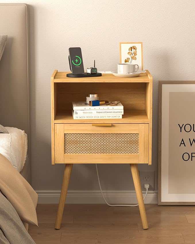 Rattan Nightstand with Outlet, Modern Bedside Table with Storage Drawer and by Unknown