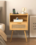 Rattan Nightstand with Outlet, Modern Bedside Table with Storage Drawer and by Unknown