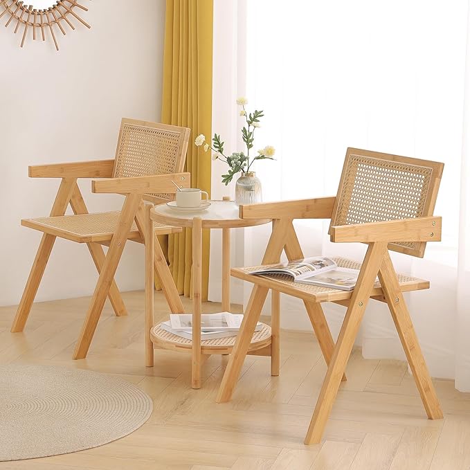 Rattan Dining Chairs Set of 2, Modern Mid Century Accent Chairs, Comfy Armchairs - Image 2