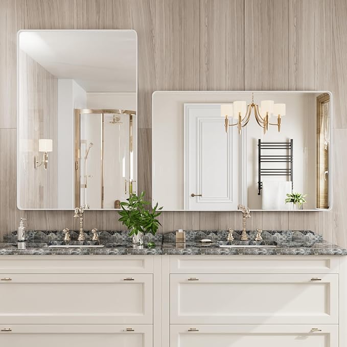 White Bathroom Mirror 48x32 Inch, Rounded Rectangle Matte Bathroom Vanity Mirror - Image 3