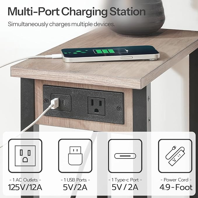 HOOBRO Small End Table with Charging Station, Narrow Side Table with USB Port - Image 6