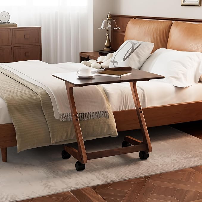 TV Tray Table with Casters, Solid Rubberwood End Tables, Sofa Side Table Couch - Image 2