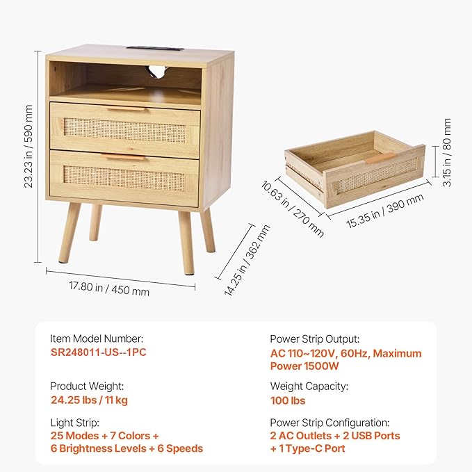 VEVOR Rattan Nightstand, Boho Bedside Table - Image 3