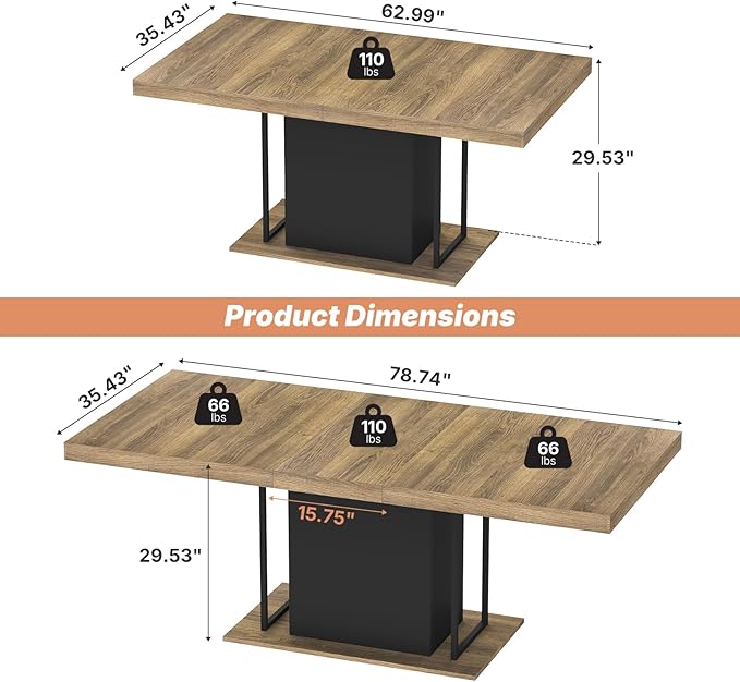63"-78.7" Expandable Dining Tables, 6-10 Farmhouse Kitchen Table, Extendable - Image 2