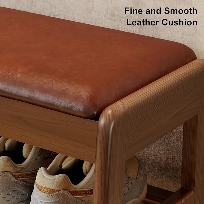 Shoe Rack Bench with Leather Cushion, 2 Tiers Shoe Bench with Flip-Top Storage - Image 5