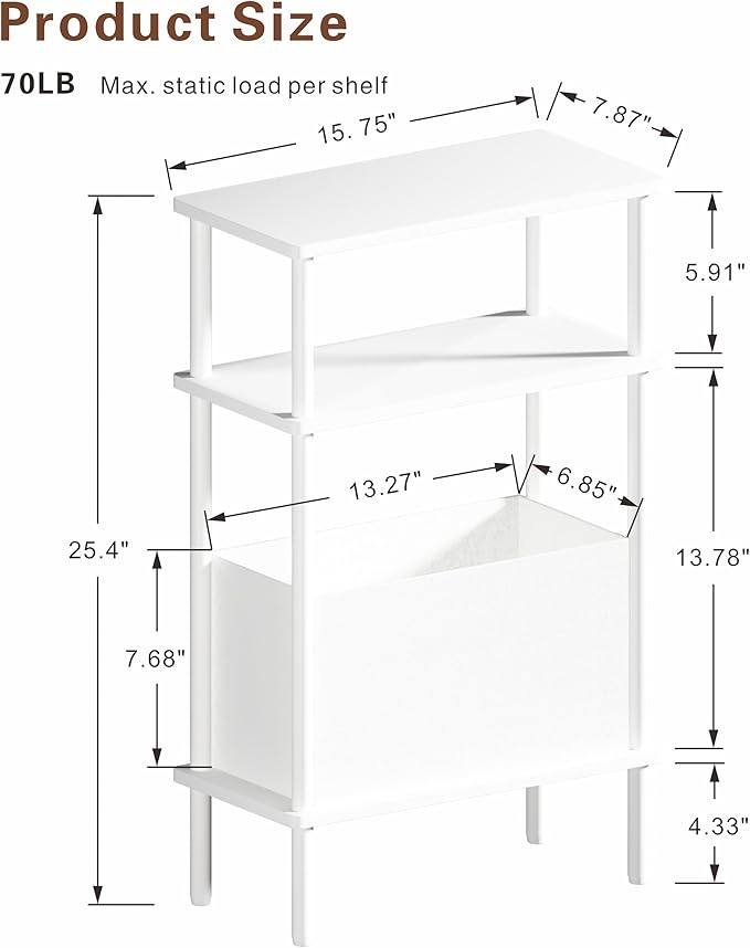 Narrow Side Table with Fabric Basket, Slim Nightstand with 3-Tier Storage Shelf - Image 3