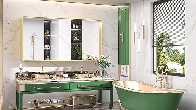 TokeShimi Bathroom Vanity Mirror 48 x 24 Inch Gold Metal Frame Round Corner - Image 2