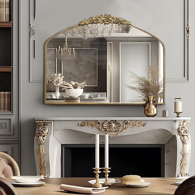Vintage Gold Arched Mirror 40"X30", Antique Baroque Mantel Mirror - Image 3