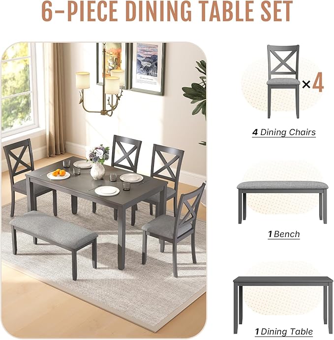 6-Piece Wooden Dining Table Set, Dining Table Set - Image 4