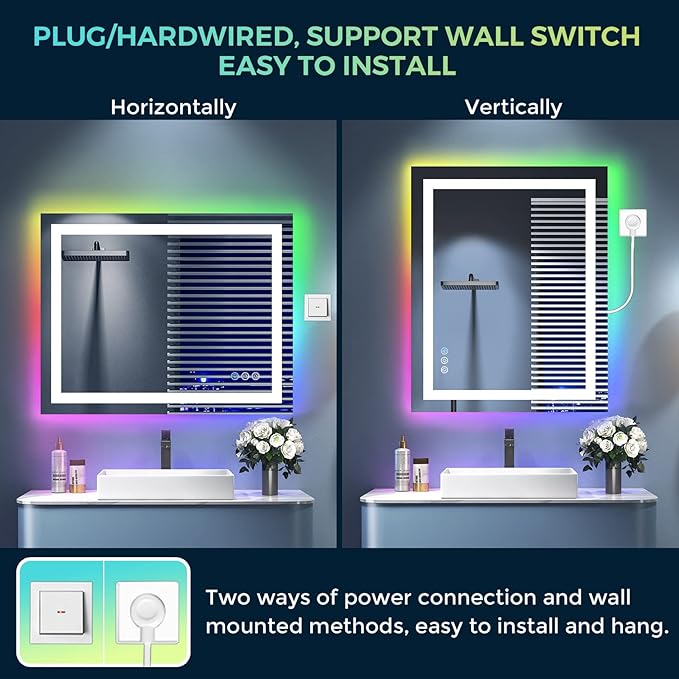 40x32 Inch RGB LED Bathroom Mirror Front Light and RGB Backlit Lighted Vanity - Image 7