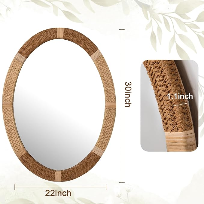 ULIKE Oval Rattan Wall Mirror, 22x30 Inch Rustic Farmhouse Wall Decor - Image 6