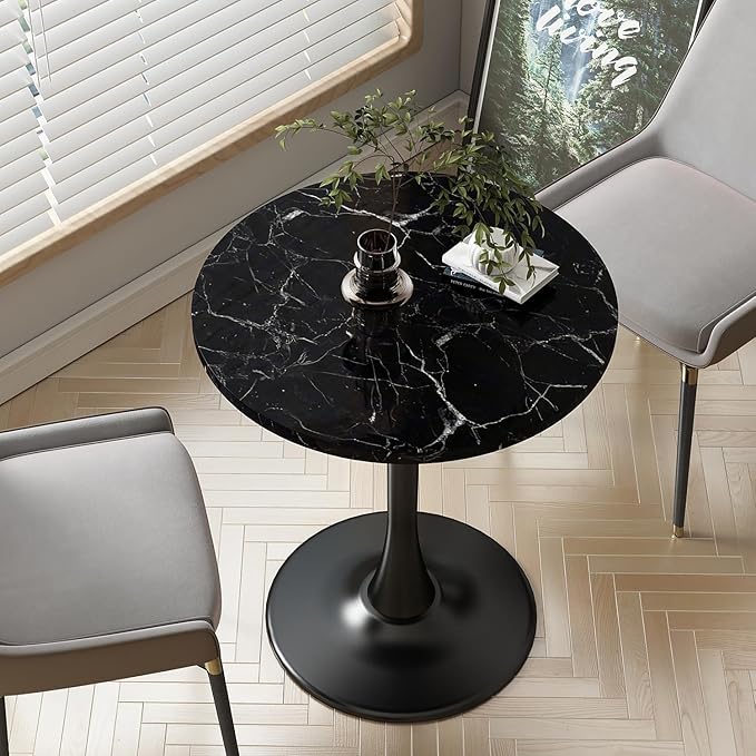 Black Round Table Modern Dining Table Marble Texture Tulip Round Kitchen Table - Image 2