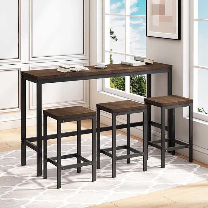 KEIKI 60.24” Long Bar High Top Dining Table and 3 Stools Chairs Set, Wood - Image 8