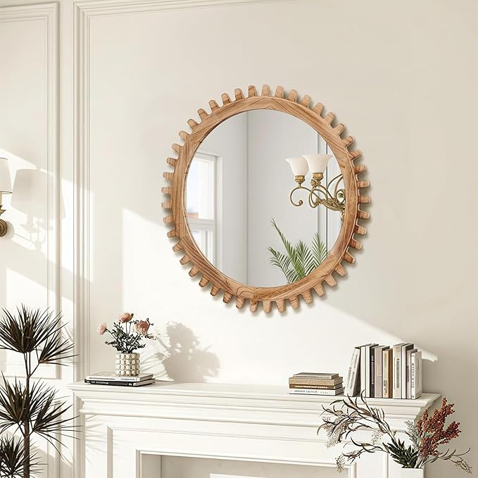 ULIKE Round Wood Mirror, 30 Inch Rustic Farmhouse Circle Mirror - Image 3