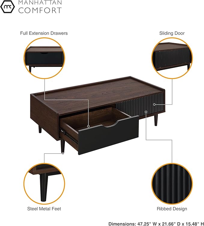 Manhattan Comfort Duane Mid Century Modern Ribbed Nightstand and Coffee Table - Image 7