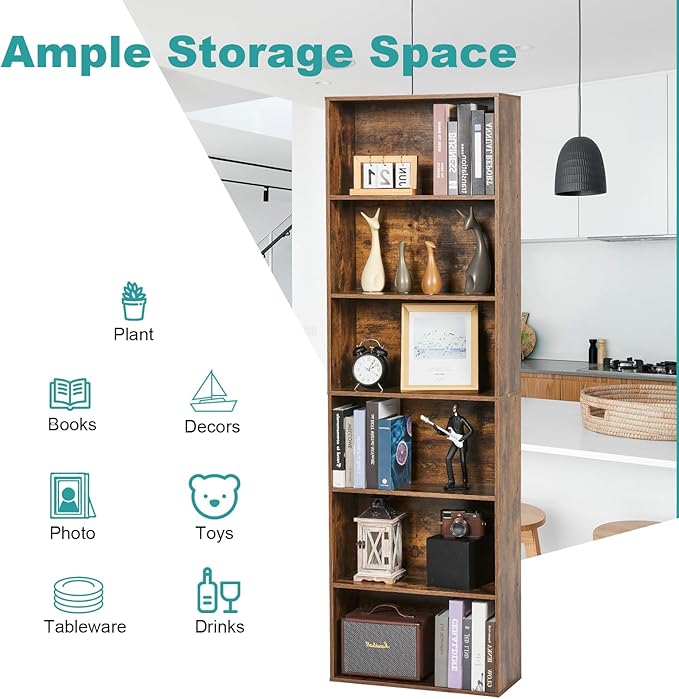 6-Tier Book Shelf, Floor Standing Open Bookcase, Wooden Display Storage Shelves - Image 4