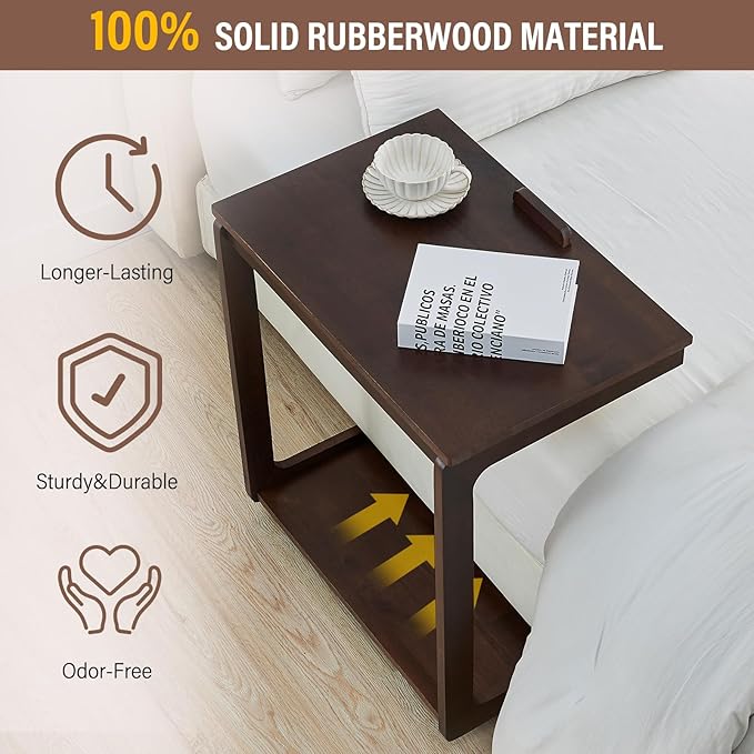 CozyDH Adjustable C Shaped End Table, Rolling Side Table Solid Wood TV Sofa - Image 5