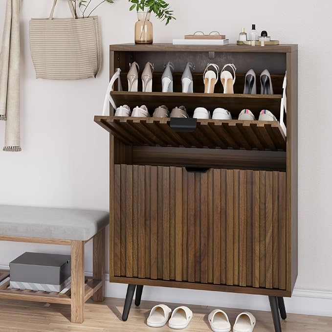 Smuxee Shoe Cabinet with 2 Flip Drawers, 23.6" Walnut Hidden Shoe Storage - Image 8