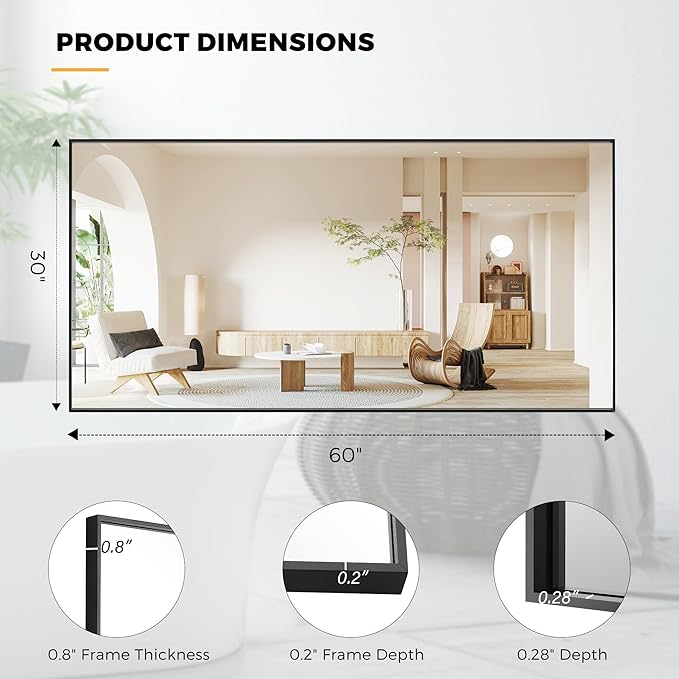 60x30 Inch Bathroom Mirror for Wall, Aluminum Frame Rectangle Rectangular - Image 8